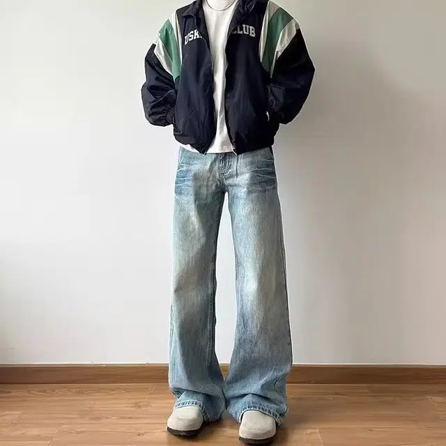 木木兔 美式复古水洗做旧小众闪电裂纹设计牛仔裤百搭潮流男直筒宽松显瘦裤 男款
