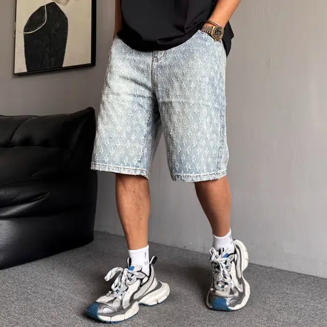 木木兔 美式痞帅潮牌直筒休闲百搭小众时尚设计感五分裤牛仔短裤 男款