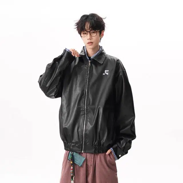 木木兔 美式复古假两件格子拼接皮衣宽松外套休闲时尚夹克 男款