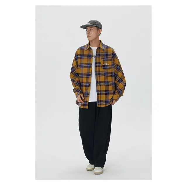 木木兔 美式复古休闲格纹翻领内搭衬衣时尚小众潮流百搭设计感长袖衬衫 男女同款