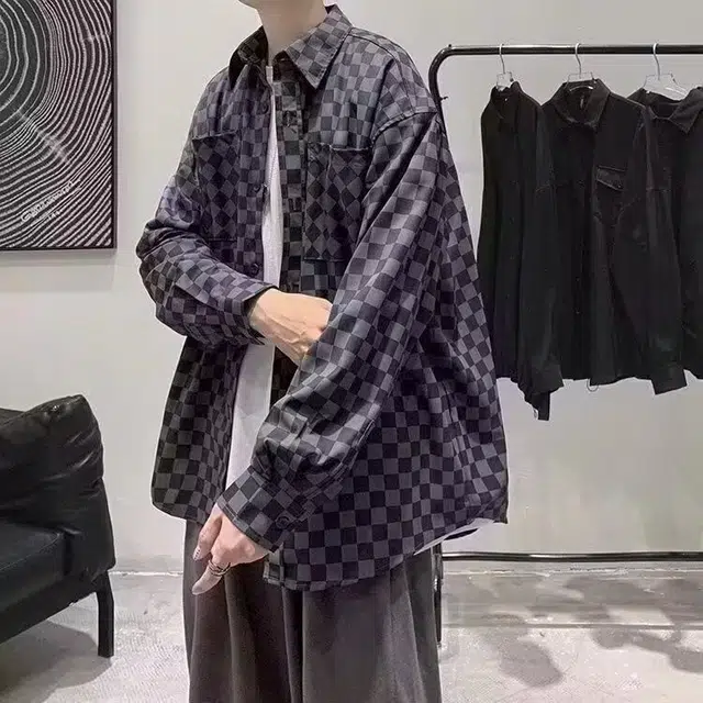 木木兔 美式棋盘格翻领宽松休闲长袖衬衫 男女同款