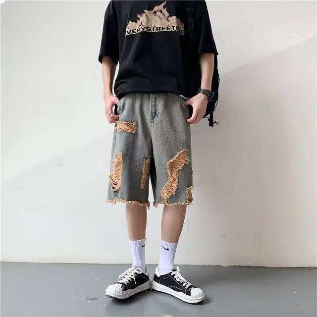 木木兔 夏季美式复古破洞潮牌薄款拼色休闲百搭小众时尚设计感五分牛仔短裤 男款