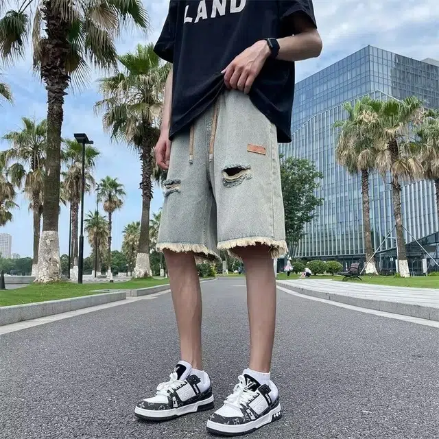 木木兔 美式复古痞帅潮牌毛边破洞休闲百搭小众时尚设计感五分裤牛仔短裤 男款