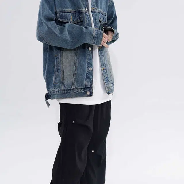 木木兔 美式潮牌水洗做旧牛仔外套复古宽松嘻哈百搭情侣翻领夹克 男款