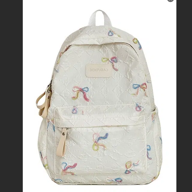 绿野客 蝴蝶结刺绣 小清新可爱 轻便百搭简约高颜值卡通书包女初高中大容量背包 涤纶 双肩包 中号 白色