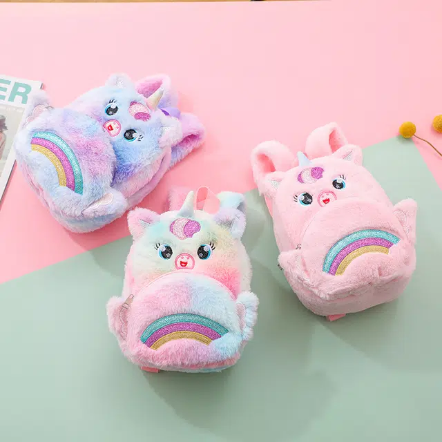 绿野客 可爱卡通毛绒彩虹趣味创意书包 少女休闲背包 涤纶 双肩包 中号 白色