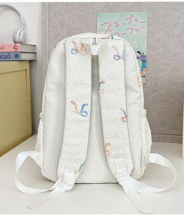 绿野客 蝴蝶结刺绣 小清新可爱 轻便百搭简约高颜值卡通书包女初高中大容量背包 涤纶 双肩包 中号 白色
