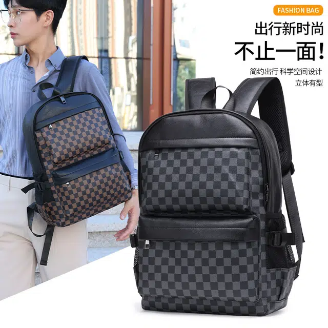 绿野客 男个性 潮男时尚棋盘 格户外旅行背包 商务电脑 大学生书包 涤纶 双肩包 大号 黑色