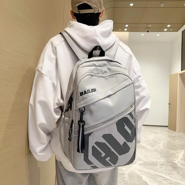 绿野客 书包男生 初中高中生 大容量 结实耐用 女高颜值背包男 涤纶 双肩包 大号 青少年 白色