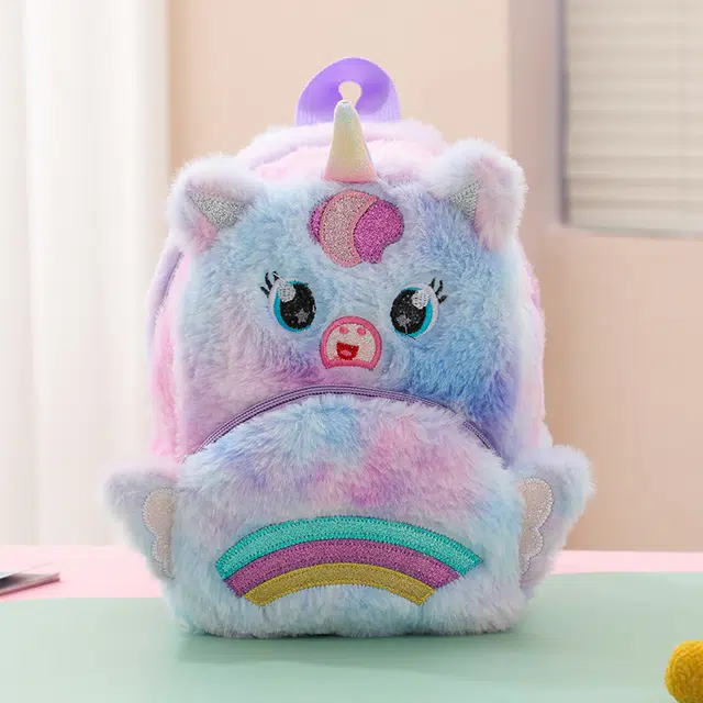 绿野客 可爱卡通毛绒彩虹趣味创意书包 少女休闲背包 涤纶 双肩包 中号 白色