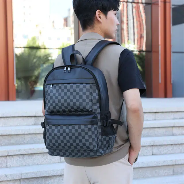 绿野客 男个性 潮男时尚棋盘 格户外旅行背包 商务电脑 大学生书包 涤纶 双肩包 大号 黑色