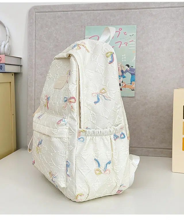 绿野客 蝴蝶结刺绣 小清新可爱 轻便百搭简约高颜值卡通书包女初高中大容量背包 涤纶 双肩包 中号 白色