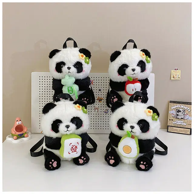 绿野客 可爱熊猫 花花女卡通抱发财苹果 包包轻便背包 旅游小 萌宠陪伴玩偶 尼龙 双肩包 中号 黑色