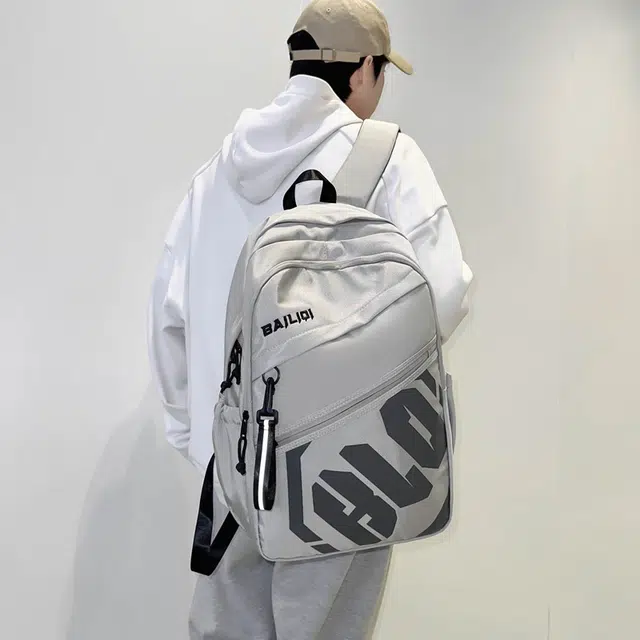 绿野客 书包男生 初中高中生 大容量 结实耐用 女高颜值背包男 涤纶 双肩包 大号 青少年 白色