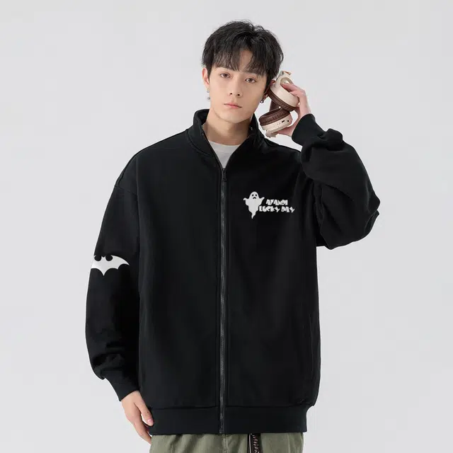 阿凡迪 美式高街复古时尚潮流创意个性幽灵蝙蝠字母印花日常通勤休闲运动经典百搭长袖氛围感学院风纯色开衫外套卫衣 男女同款