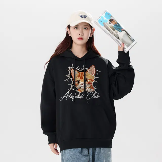 阿凡迪 仿刺绣美式复古高街时尚潮流创意可爱小猫印花纯色宽松日常通勤休闲运动学生党经典百搭长袖氛围感重磅连帽卫衣 男女同款