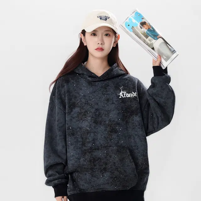阿凡迪 满天星美式高街复古时尚潮流简约字母个性创意闪电印花宽松日常通勤休闲运动经典百搭长袖氛围感套头连帽卫衣 男女同款