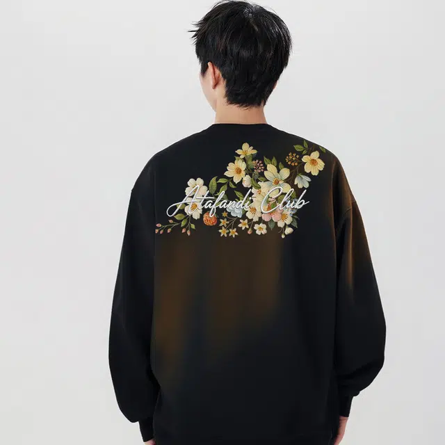 阿凡迪 仿刺绣美式复古高街时尚潮流创意花卉设计手写艺术字母纯色宽松日常通勤休闲运动学生党经典百搭长袖氛围感圆领卫衣 男女同款