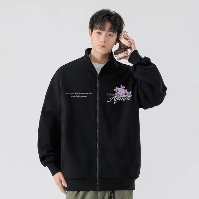阿凡迪 美式高街复古时尚潮流创意个性简约花卉字母印花日常通勤休闲运动经典百搭长袖氛围感学院风纯色开衫外套卫衣 男女同款