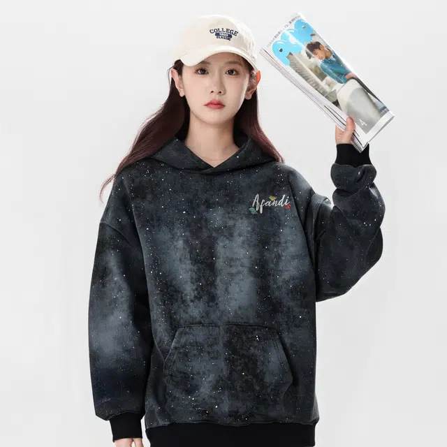 阿凡迪 美式复古个性创意趣味海螺花体字母后背印花日常通勤重磅百搭无性别主义宽松运动氛围感学院风落肩袖套头连帽卫衣 男女同款