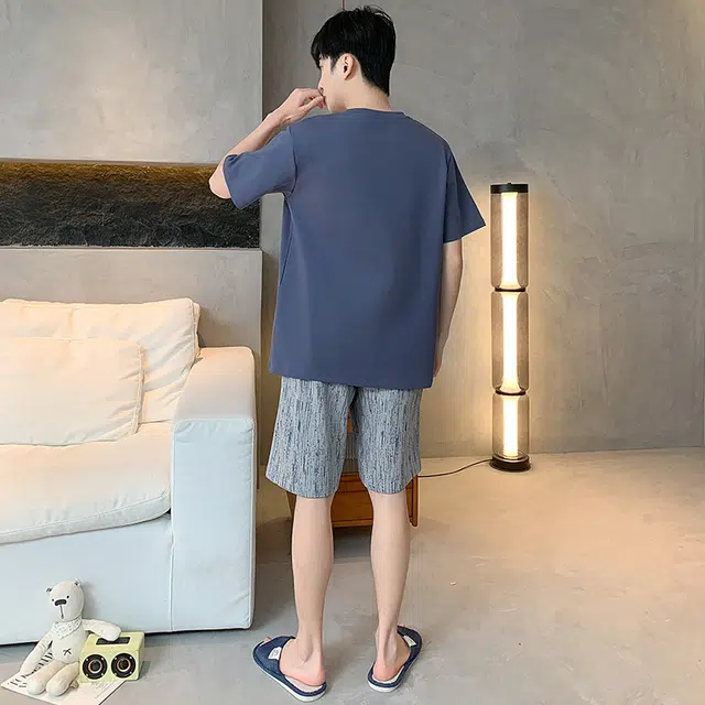 黛尔佳人 圆领短袖短裤抗菌透气吸汗宽松舒适睡衣套装 男款