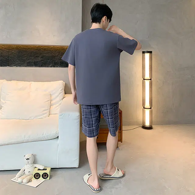 黛尔佳人 圆领短袖短裤简约时尚柔软亲肤睡衣套装 男款