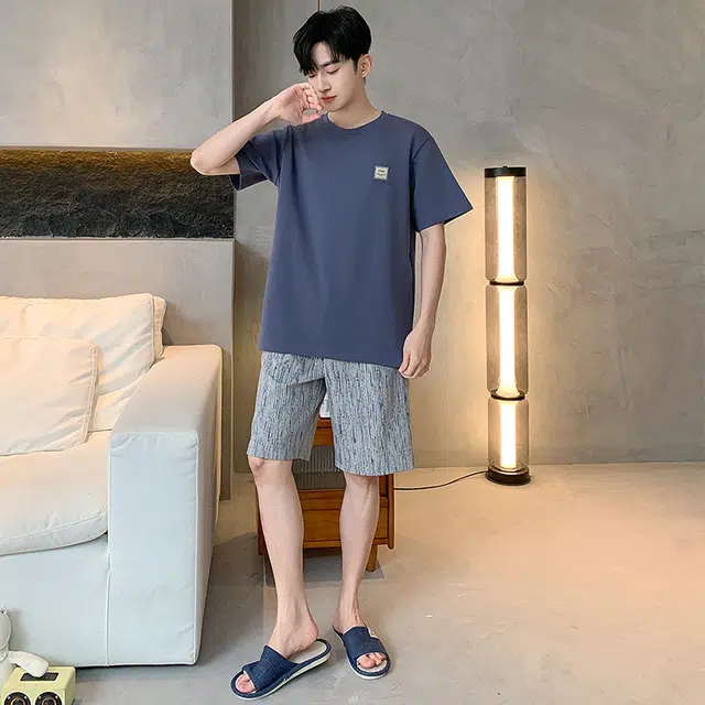 黛尔佳人 圆领短袖短裤抗菌透气吸汗宽松舒适睡衣套装 男款