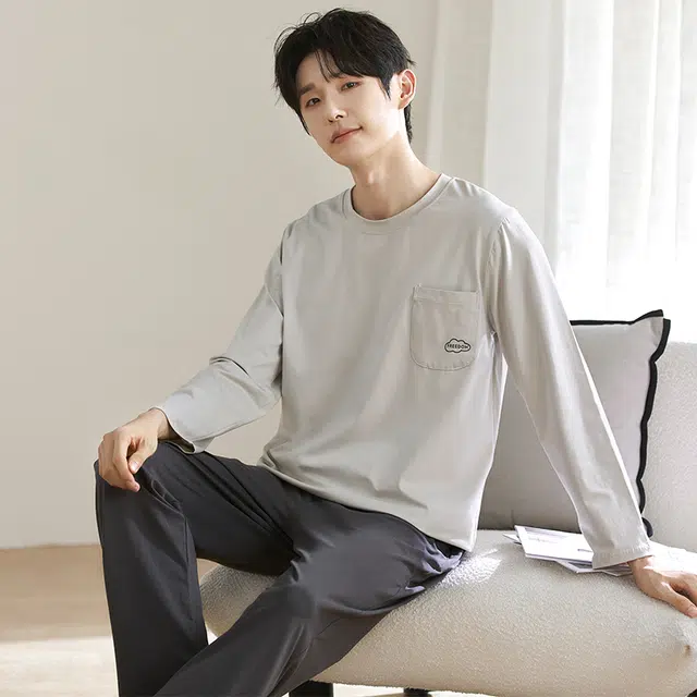 黛尔佳人 亲肤纯棉柔软舒适纯色长袖长裤抗菌套头圆领家居服睡衣套装 男款