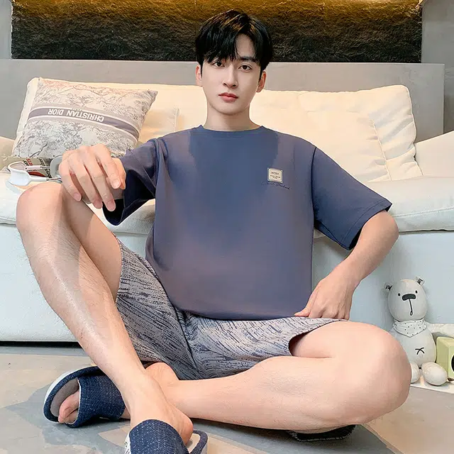 黛尔佳人 圆领短袖短裤抗菌透气吸汗宽松舒适睡衣套装 男款