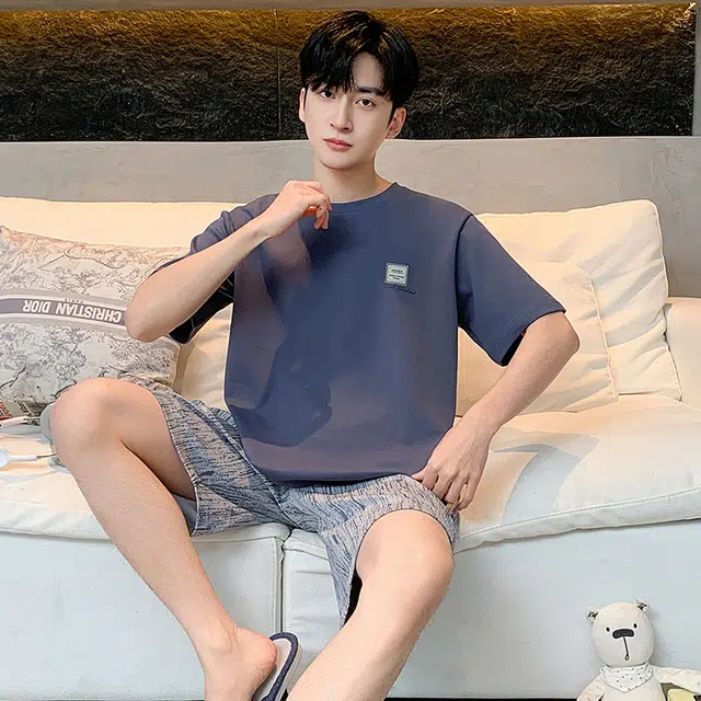 黛尔佳人 圆领短袖短裤抗菌透气吸汗宽松舒适睡衣套装 男款