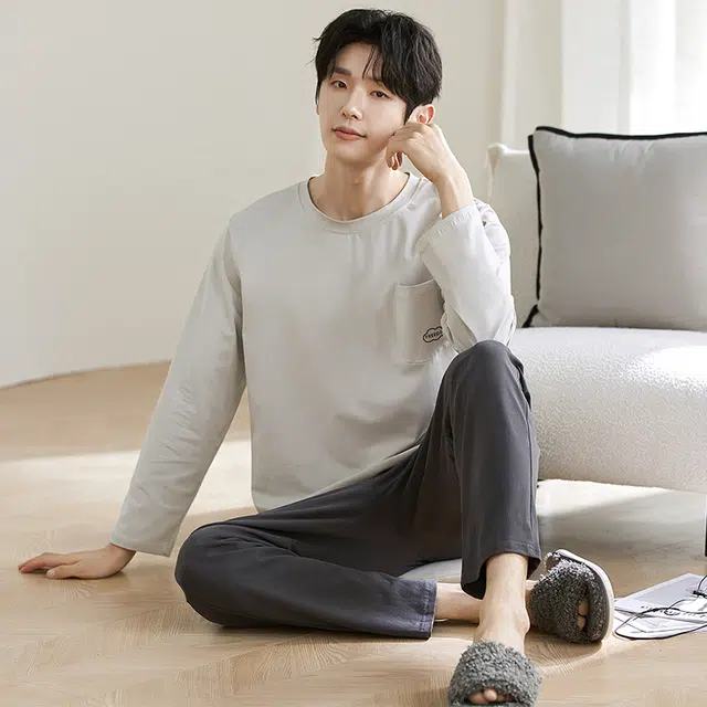 黛尔佳人 亲肤纯棉柔软舒适纯色长袖长裤抗菌套头圆领家居服睡衣套装 男款