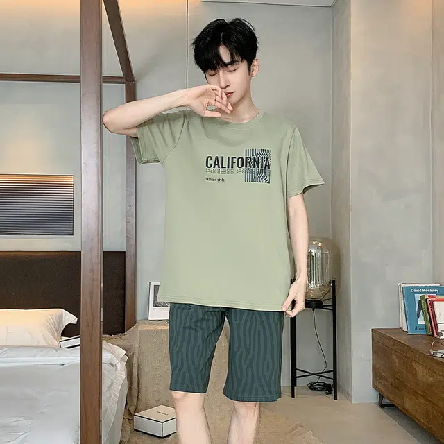黛尔佳人 圆领短袖短裤抗菌宽松舒适简约时尚睡衣套装 男款