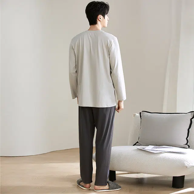 黛尔佳人 亲肤纯棉柔软舒适纯色长袖长裤抗菌套头圆领家居服睡衣套装 男款