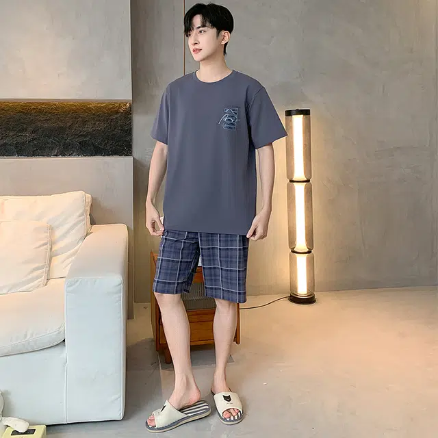 黛尔佳人 圆领短袖短裤简约时尚柔软亲肤睡衣套装 男款