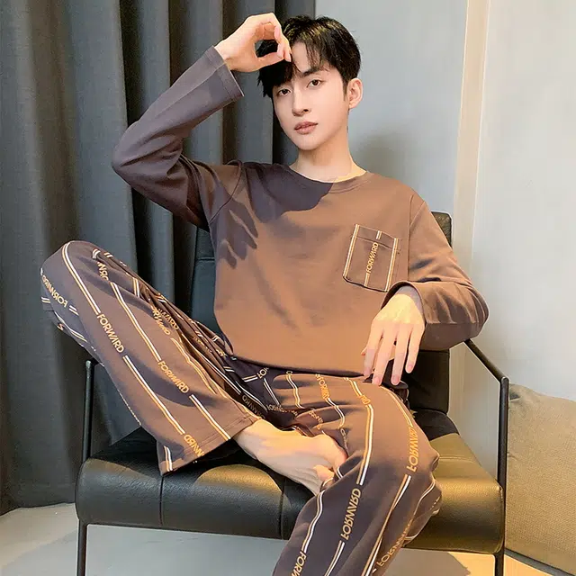 黛尔佳人 纯棉长袖长裤柔软亲肤抗菌套头睡衣套装 男款