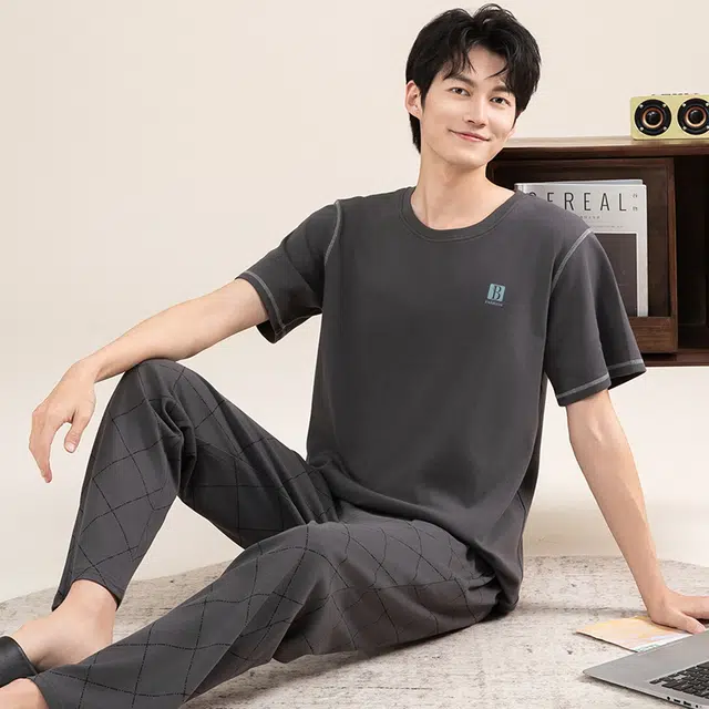 黛尔佳人 纯棉短袖长裤抗菌透气柔软亲肤纯色套头睡衣套装 男款