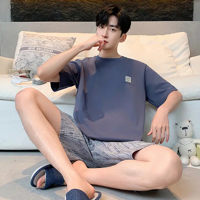 黛尔佳人 圆领短袖短裤抗菌透气吸汗宽松舒适睡衣套装 男款