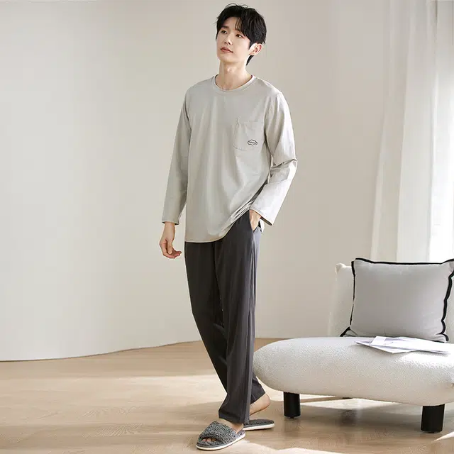 黛尔佳人 亲肤纯棉柔软舒适纯色长袖长裤抗菌套头圆领家居服睡衣套装 男款