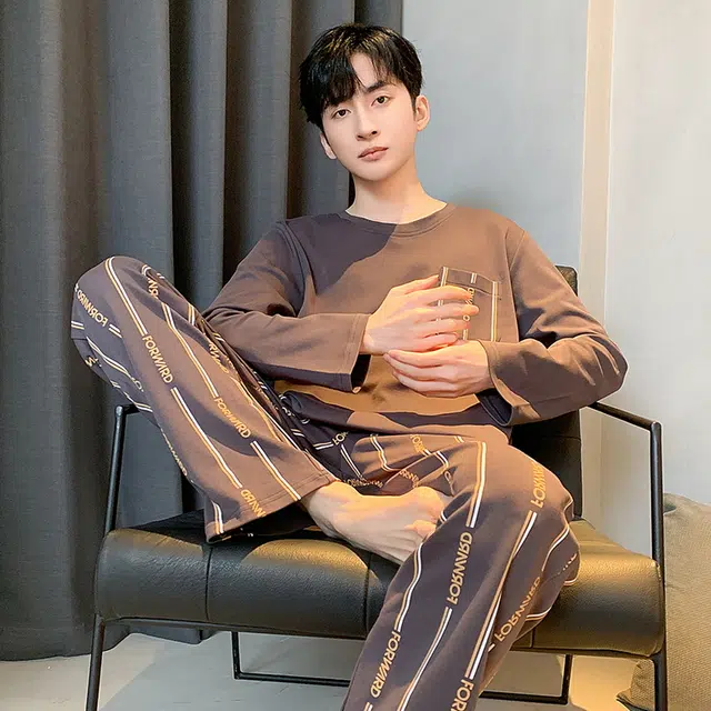 黛尔佳人 纯棉长袖长裤柔软亲肤抗菌套头睡衣套装 男款