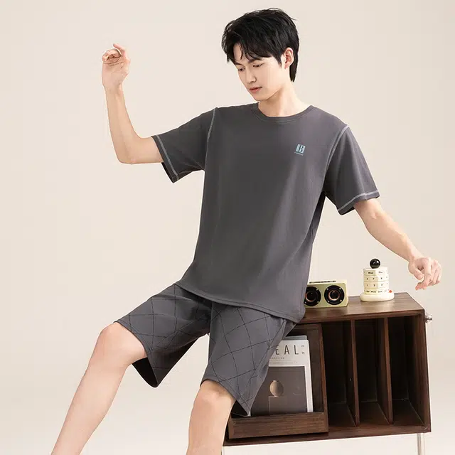 黛尔佳人 纯棉短袖亲肤透气简约时尚套头睡衣套装 男款