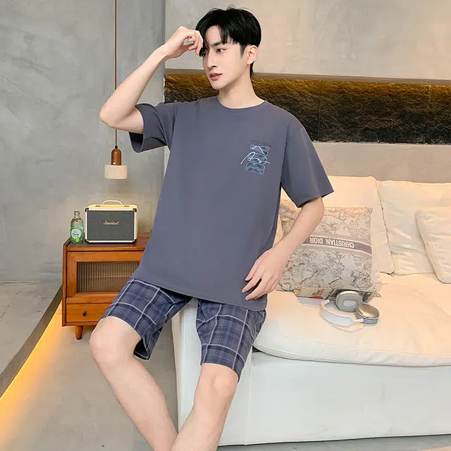 黛尔佳人 圆领短袖短裤简约时尚柔软亲肤睡衣套装 男款