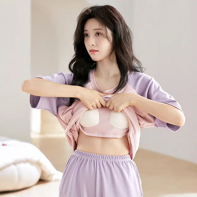 黛尔佳人 短袖七分裤带胸垫亲肤舒适时尚印花睡衣套装 女款