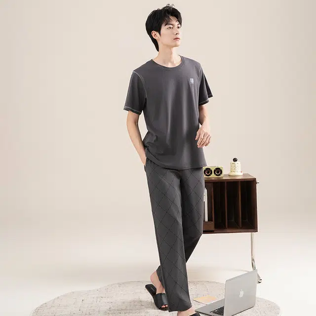 黛尔佳人 纯棉短袖长裤抗菌透气柔软亲肤纯色套头睡衣套装 男款