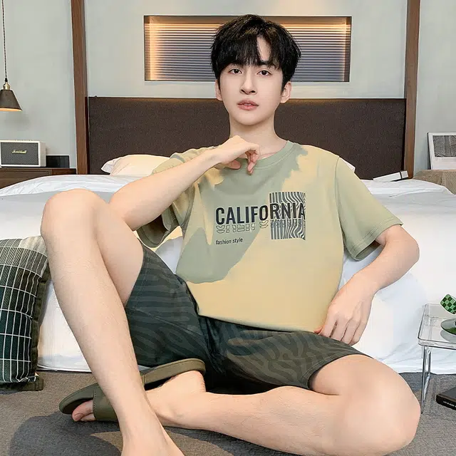 黛尔佳人 圆领短袖短裤抗菌宽松舒适简约时尚睡衣套装 男款