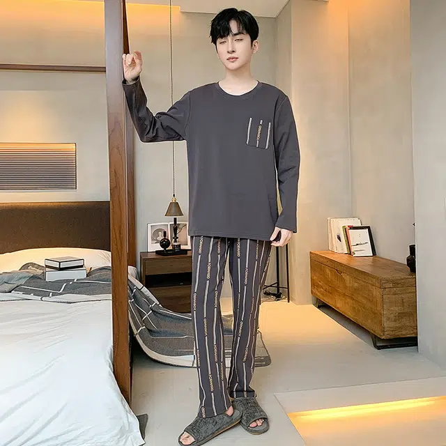 黛尔佳人 纯棉长袖长裤柔软亲肤抗菌套头睡衣套装 男款