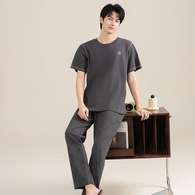 黛尔佳人 纯棉短袖长裤抗菌透气柔软亲肤纯色套头睡衣套装 男款