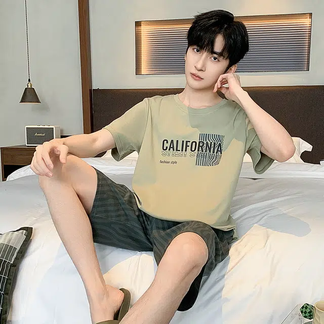 黛尔佳人 圆领短袖短裤抗菌宽松舒适简约时尚睡衣套装 男款