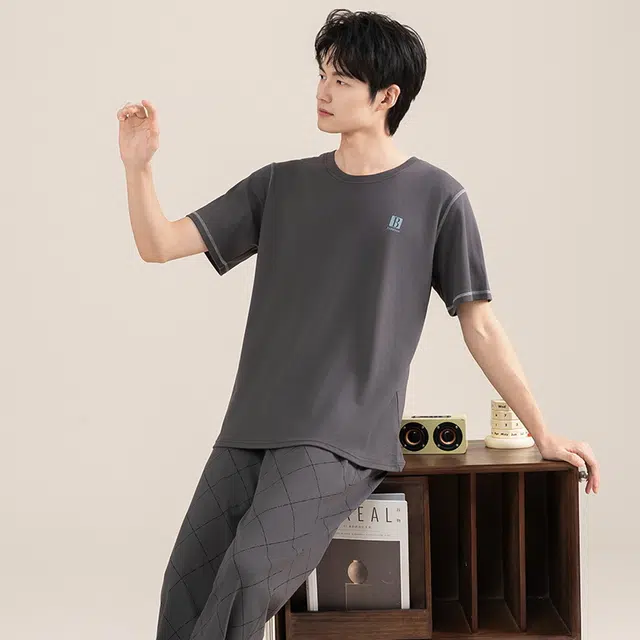 黛尔佳人 纯棉短袖长裤抗菌透气柔软亲肤纯色套头睡衣套装 男款