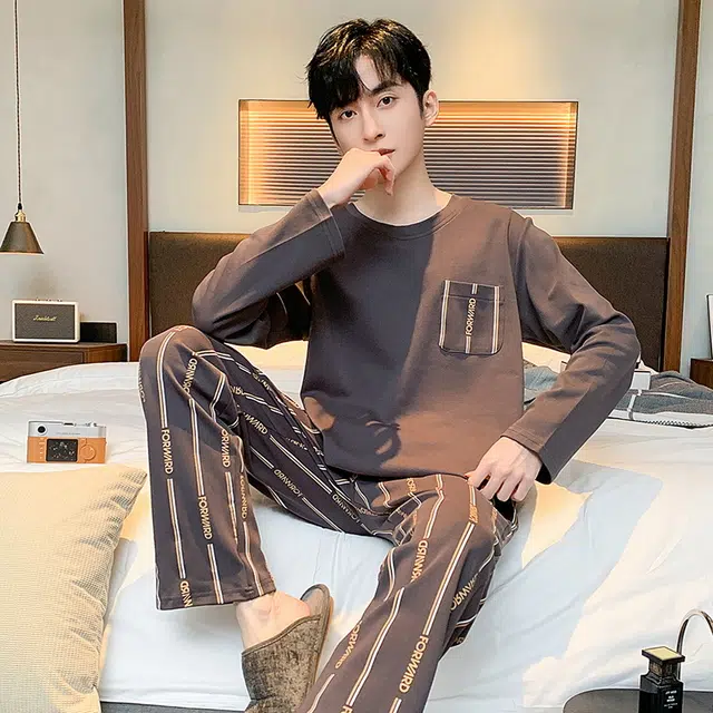 黛尔佳人 纯棉长袖长裤柔软亲肤抗菌套头睡衣套装 男款