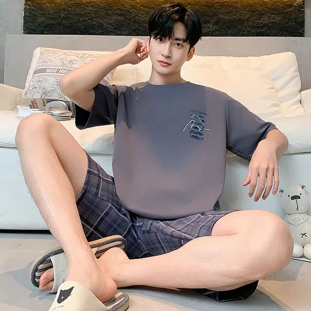 黛尔佳人 圆领短袖短裤简约时尚柔软亲肤睡衣套装 男款